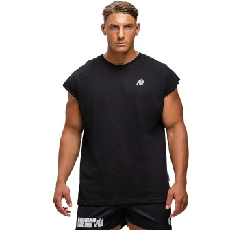 Canotta uomo Gorilla Wear Bouse Cut Off nera con bordi grezzi, scritte bianche i