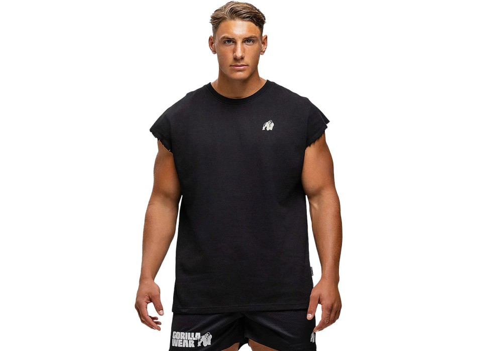Canotta uomo Gorilla Wear Bouse Cut Off nera con bordi grezzi, scritte bianche i