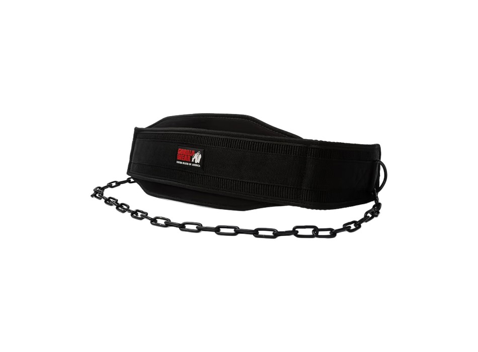 Cintura per dip Gorilla Wear nera con catena in acciaio resistente e moschettone