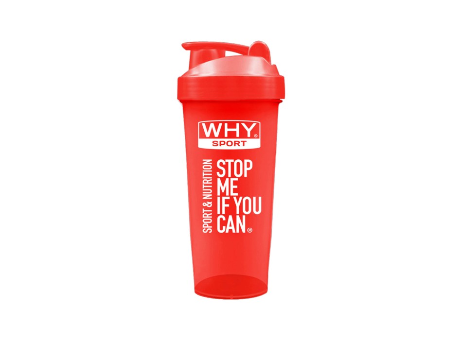 Shaker WHYsport rosso trasparente con tappo a vite scala graduata logo bianco