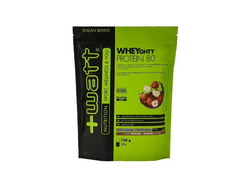 Wheyghty Protein 80 +Watt proteine whey concentrate 750g Doypack Nocciola